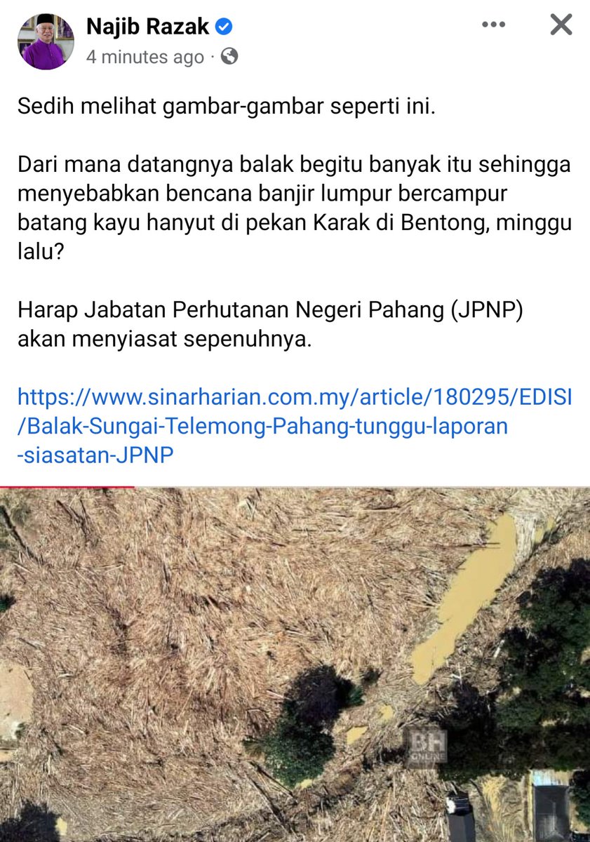 Alayubi998's tweet photo. 'Najib sedih melihat gambar balak terapung di Pahang'

Alhamdulillah, akhirnya... Ada juga pemimpin UMNO yang berani bersuara /s https://t.co/hjwJXjtzil