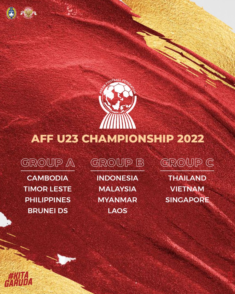 PSSI's tweet photo. Berikut hasil drawing AFF U23 Championship 2022 menempatkan Timnas Indonesia U23 bergabung di Grup B bersama Malaysia, Myanmar, dan Laos.

Semangat berjuang Garuda Muda. Doa kami bersamamu! ✊🇮🇩

#KitaGaruda #MeraihImpian https://t.co/RtjgiyTtOP