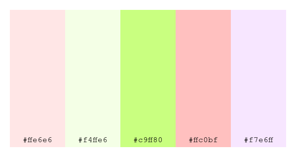 ColPaletteBot's tweet photo. Beep beep, here's a pretty color palette for you!
color-scheme.js parameters used:
- hue: 151
- variation: light
- colors: #ffe6e6, #f4ffe6, #c9ff80, #ffc0bf, #f7e6ff
Have a lovely day!
#twitterbot #colorpalette #colors #palette #prettycolors https://t.co/iUMxa4PZ3b