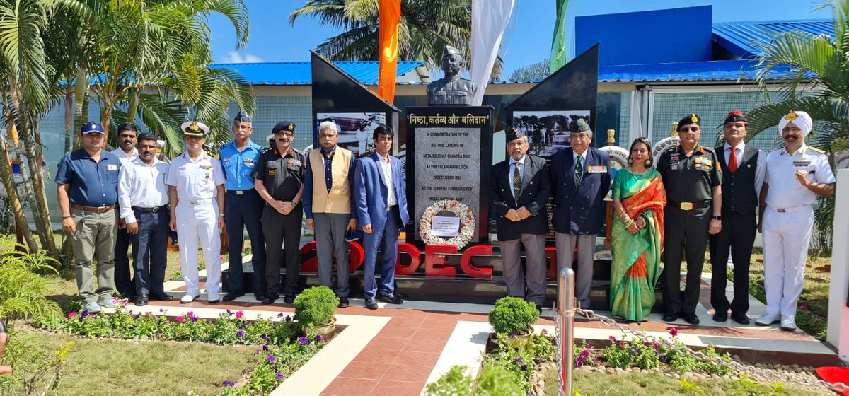 AN_Command's tweet photo. Port Blair, 11.30 am, 29 Dec 1943. At the place Netaji first set foot on Indian soil &amp; hoisted a Flag, 78 yrs later, C-in-C #ANC in commemoration inaugurated a 'Sankalp Smarak' at INS Utkrosh, as ANCs humble tribute to Netaji &amp; INA's heroes on the momentous occasion.  JAI HIND https://t.co/5dElfpUVge