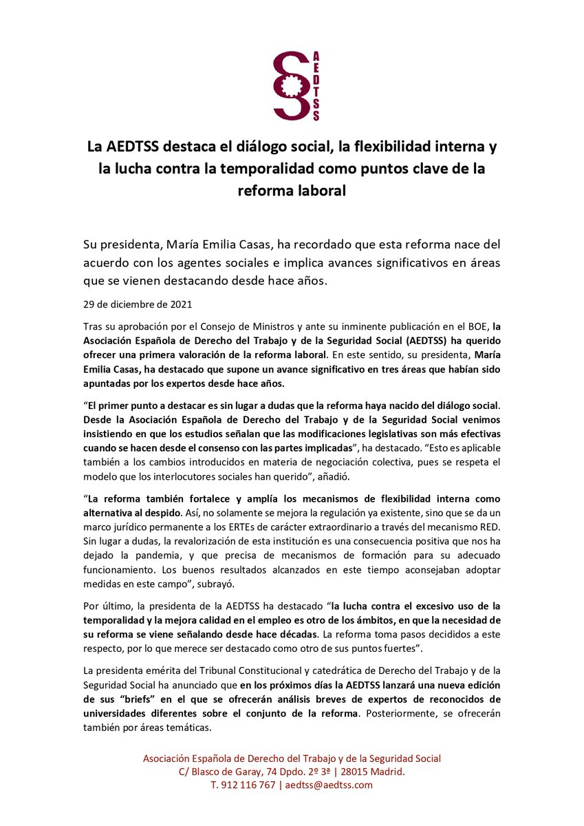 Os dejamos la nota de prensa de la #AEDTSS con las primeras valoraciones de la #ReformaLaboral en la que además anunciamos una nueva edición de los #BriefsAEDTSS con un análisis de conjunto