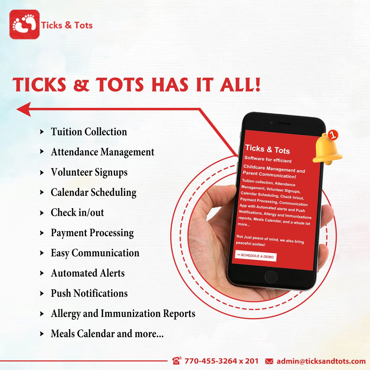 Ticks and Tots have all the available features for your child’s #Preschool care. Download our Ticks and Tots which is now accessible for both android and IOS users. 

Contact Us: (770)-455-3264

Register at:
ticksandtots.com/register/

#TicksandTots #Software #ParentTeacherSoftware