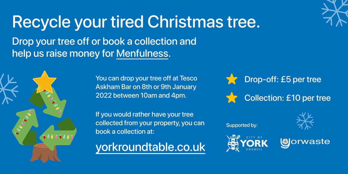 🎄♻️ Christmas Tree Recycling ♻️🎄

If you’re looking for somewhere to recycle your Christmas tree, look no further!

📍 Tesco Askham Bar
🗓 8th &amp; 9th January
⏰ 10am – 4pm

🚛 Book a collection: yorkroundtable.co.uk/events/christm…

All proceeds will be going to <a href="/YMenfulness/">Menfulness UK</a> 

#york