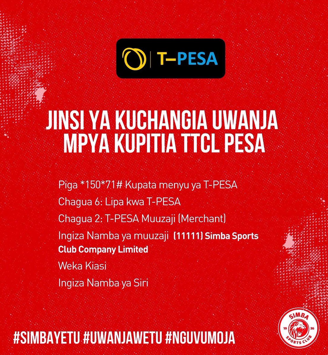 SimbaSCTanzania's tweet photo. 🧾 Namna ya kuchangia ujenzi wa uwanja mpya wa Simba kupitia T-Pesa, M-Pesa, Airtel Money au Tigo Pesa. #NguvuMoja https://t.co/CEJaLXUJb7