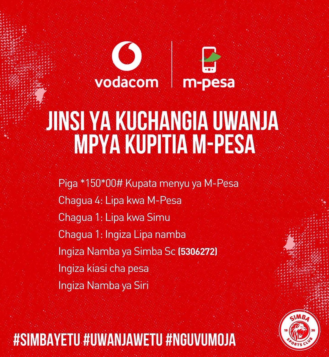 SimbaSCTanzania's tweet photo. 🧾 Namna ya kuchangia ujenzi wa uwanja mpya wa Simba kupitia T-Pesa, M-Pesa, Airtel Money au Tigo Pesa. #NguvuMoja https://t.co/CEJaLXUJb7