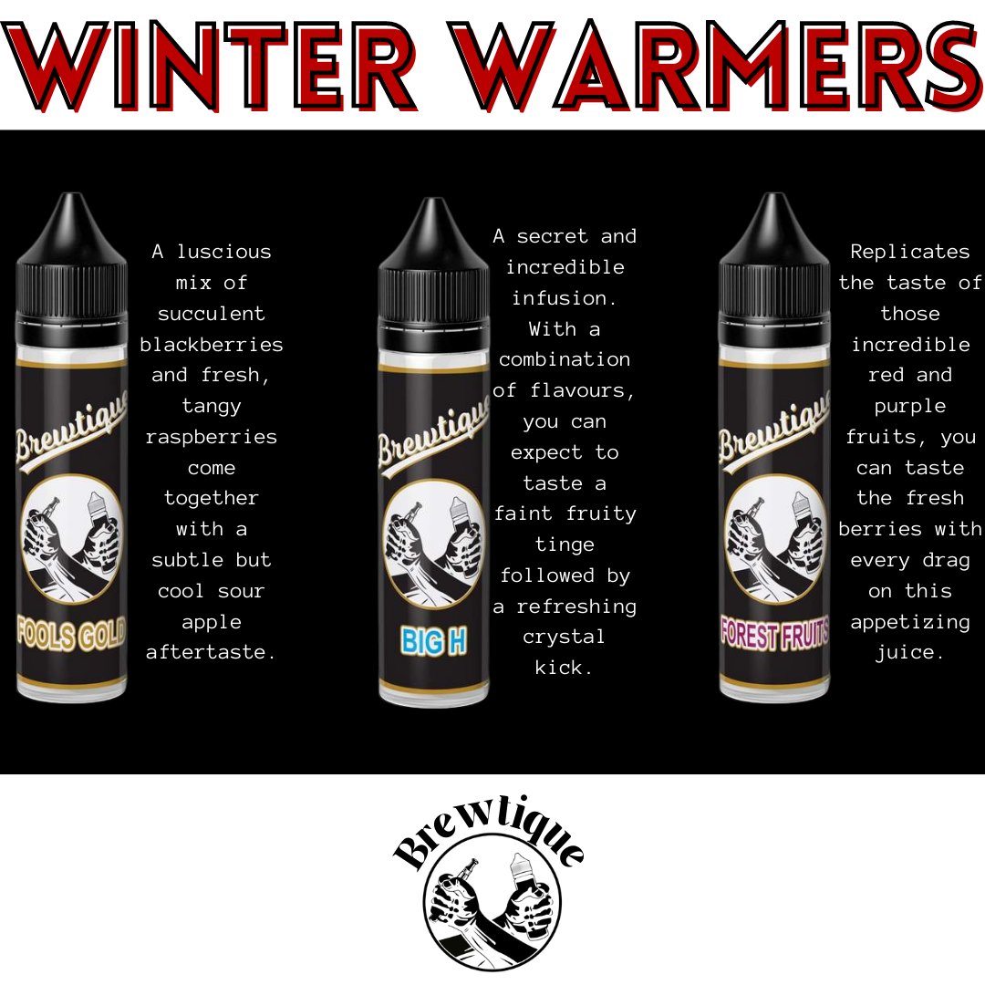 Perfect for the cold weather our Winter Warmers are here for all your Winter vaping needs!

🍇🍓🍇🍓 Fools Gold 🍇🍓🍇🍓
bit.ly/3xJKMVl 

🍓🍎 Big H 🍓🍎
bit.ly/3EbaqEM 

🍓🍒 Forest Fruits 🍓🍒
bit.ly/3I7Z4nC 

Available in 50ml &amp; 100ml bottles.