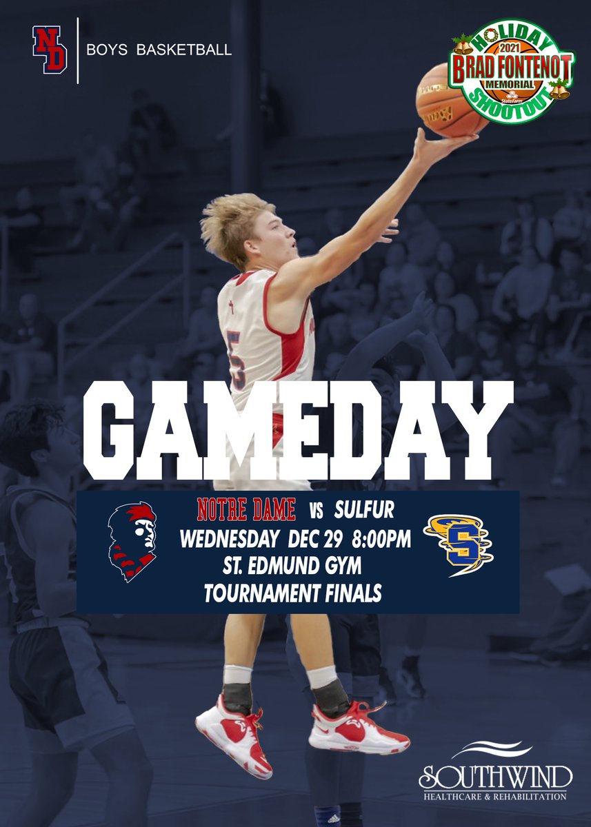 🚨🚨GAMEDAY🚨🚨
Championship Game of the Brad Fontenot Memorial Holiday Shootout
🏀Notre Dame vs Sulfur
📍Location: St Edmund Gym
⏰TIP-OFF: 8:00PM 
<a href="/GeauxPrepsLA/">GeauxPreps.com</a> <a href="/2a_class/">La. Class 2A Sports</a> <a href="/LSL_Sportsline/">Louisiana Sportsline</a> <a href="/georgefaust10/">George Faust</a> <a href="/PrepHoopsLA/">Prep Hoops Louisiana</a> <a href="/OTBSports_/">Off the Bench Sports/PREP NEWS/ Life Off The Bench</a> <a href="/SethLewisInc/">Seth Lewis</a> @I KNOWron