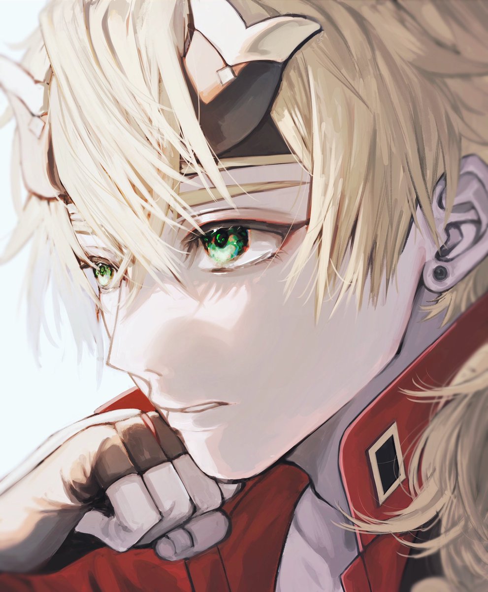 thoma (genshin impact) 1boy male focus solo blonde hair green eyes gloves horns  illustration images