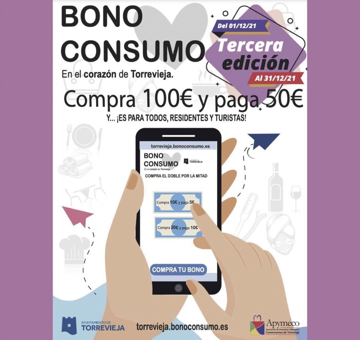 TorreviejaAyto's tweet photo. 👉RECORDAMOS, QUEDAN 2 DÍAS❗️❗

El 31 de diciembre, es el ÚLTIMO DÍA❗️para canjear el 🎟BONO CONSUMO adquirido en la 3º edición que comenzó ➡️ el 1 de diciembre 

¡Aprovéchalo!🎄

#comerciolocal #reactivando #bonoconsumo #éxito #navidades #compras #Reyes2022 https://t.co/LKlVD4lRyc