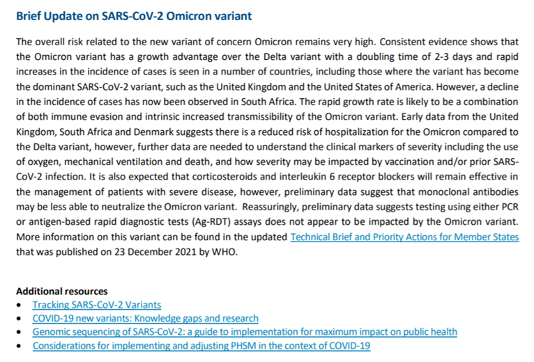 WHO mengeluarkan update pengetahuan terbaru varian Omicron. Poin utamanya:

-Total kasus DOUBLE dalam 2-3 hari
-PENURUNAN risiko rawat inap
-PCR &amp; tes antigen masih OKE
-Efektivitas vaksin TURUN
-Risiko keseluruhan SANGAT TINGGI

Yuk kita bahas!

-THREAD-