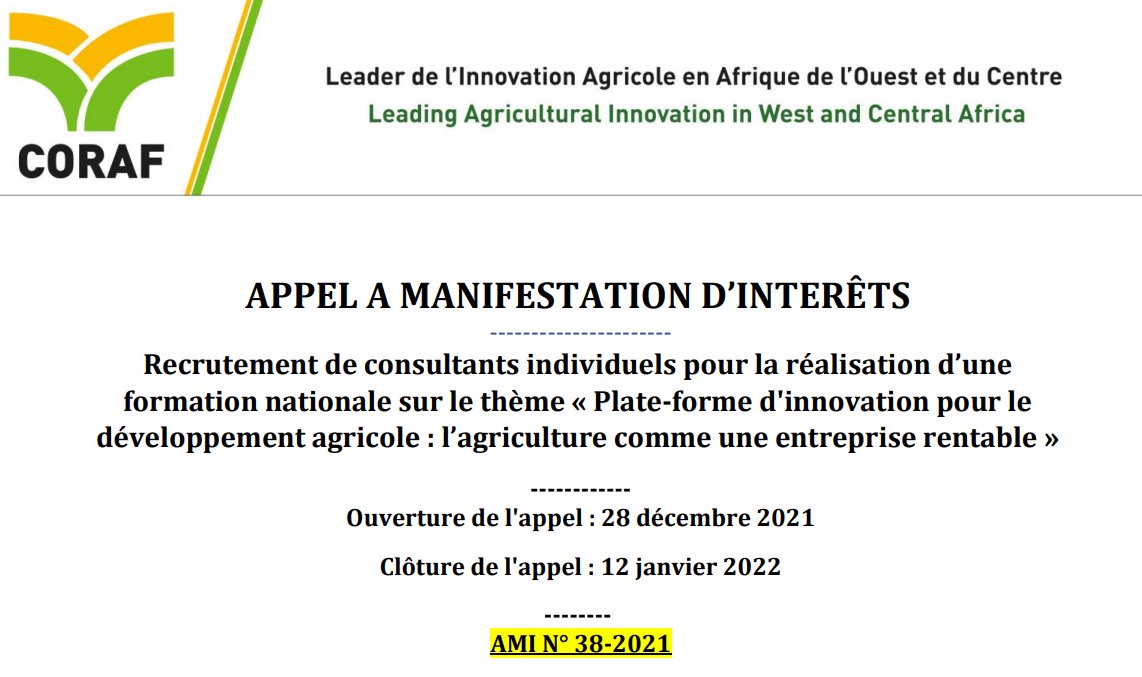 🗣 Recrutement de consultants individuels pour la réalisation d’une formation nationale sur le thème « Plate-forme d’innovation pour le développement agricole : l’agriculture comme une entreprise rentable »
La suite ici : bit.ly/3sF1tkn
#Innovation #Agriculture