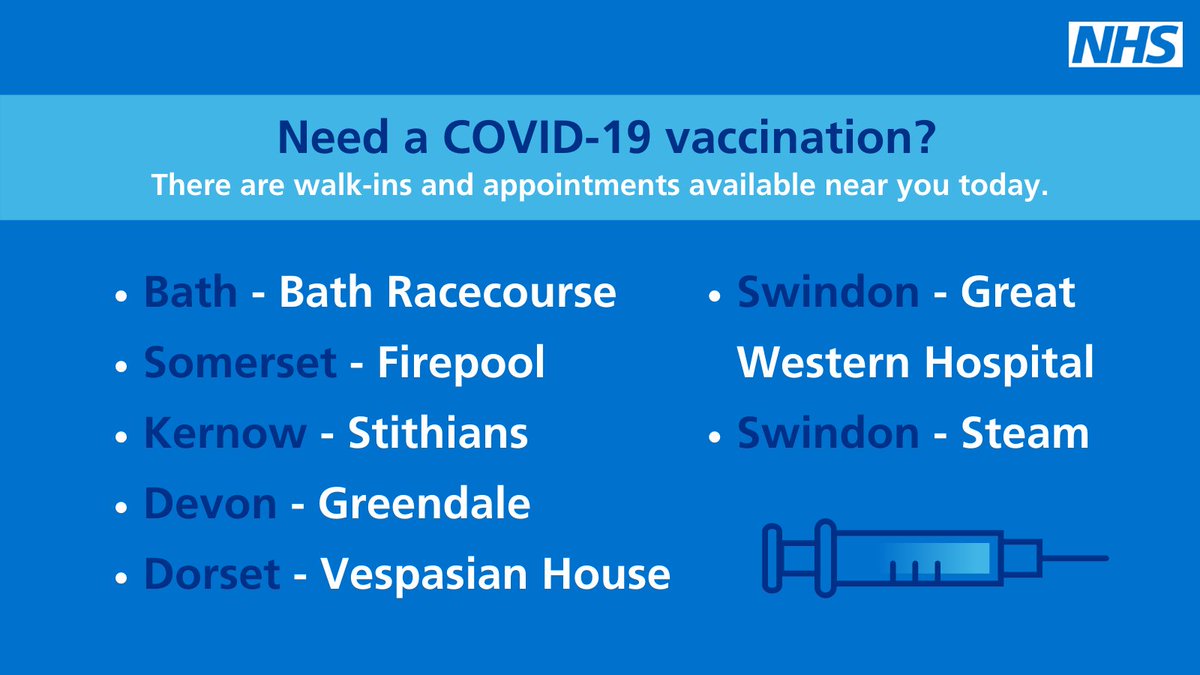 NHSSW's tweet photo. Looking for something to do today? There are walk-in appointments available for COVID-19 vaccinations at sites across the South West. 

➡️ Find your local site https://t.co/Di4IqV1zuJ

#GetVaccinated #twixmas https://t.co/NRkHWsmujX