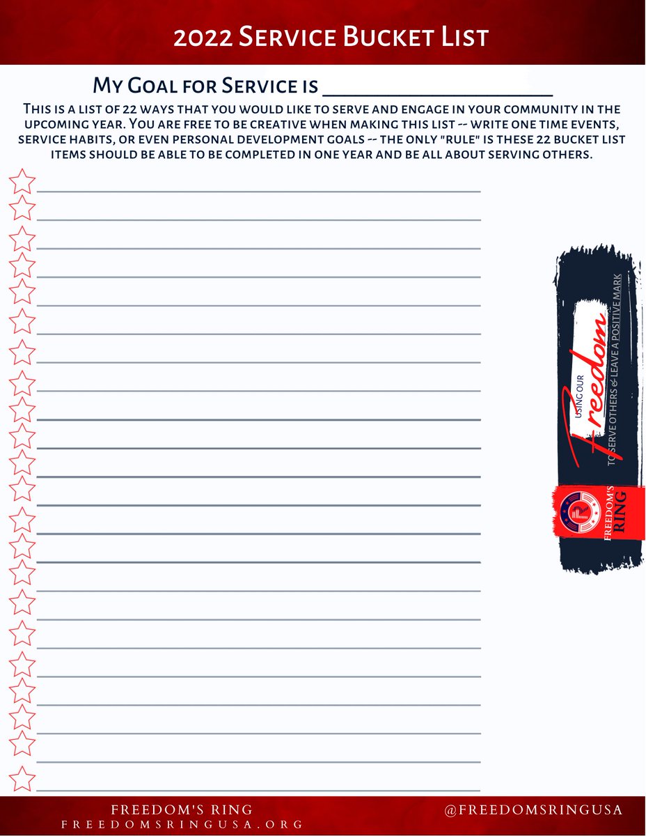 FreedomsRingUSA's tweet photo. Weโve made a worksheet for you to create a 22 item service bucket list for 2022
How will you engage in your community, serve one another, and. #LeaveAPositiveMark in the upcoming year
#RemarkablePatriotism https://t.co/C8KvfJ8dre