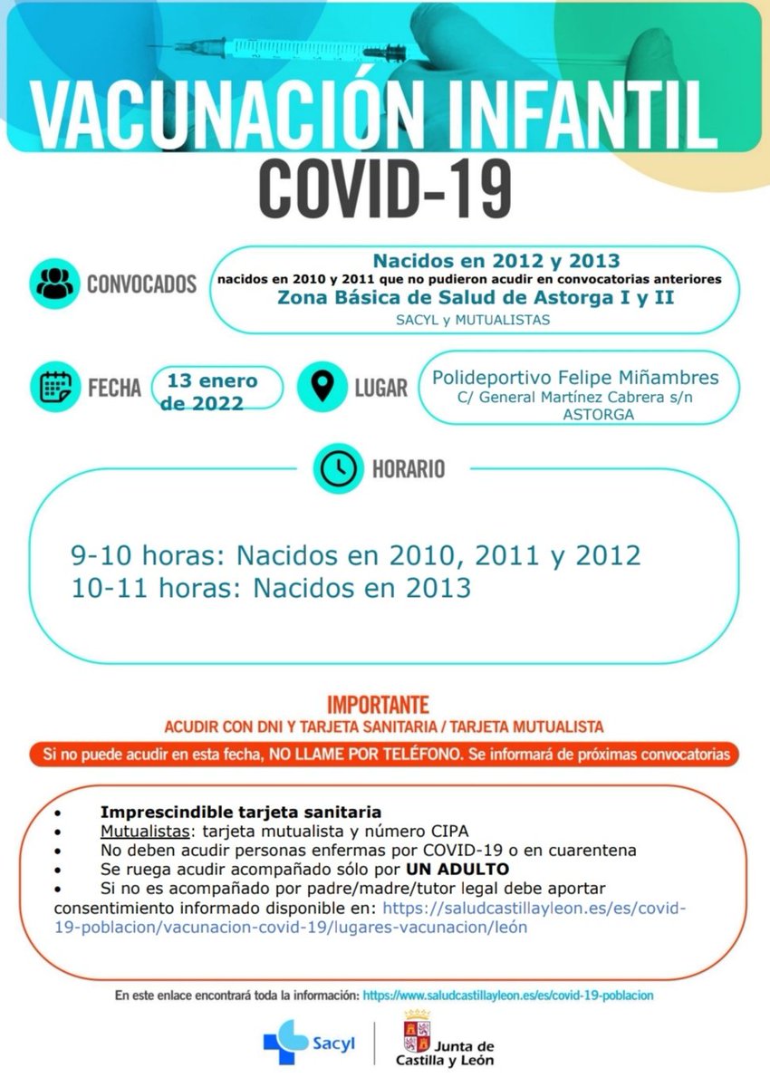 ¡¡¡En Astorga el  próximo 13 de enero Vacunaciones infantiles!!! 
Nacidos entre el 2010 al 2013.
Lugar: Pabellón Felipe Miñambres.