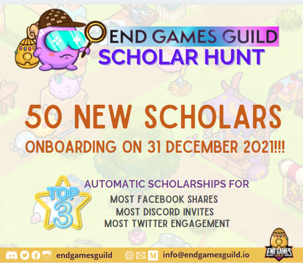 endgamesguild's tweet photo. 2 Days to go! Don't forget, we are giving away scholarships to:

Top 3 Most Facebook Shares for the scholar hunt post
Top 3 Most Discord Invites and
Top 3 Most Engaged Twitter Followers!

#endgamesguild
#endgamesguilddao
#endgamesguildscholarhunt
#axieinfinityscholarsearch https://t.co/sMqvopRYR3