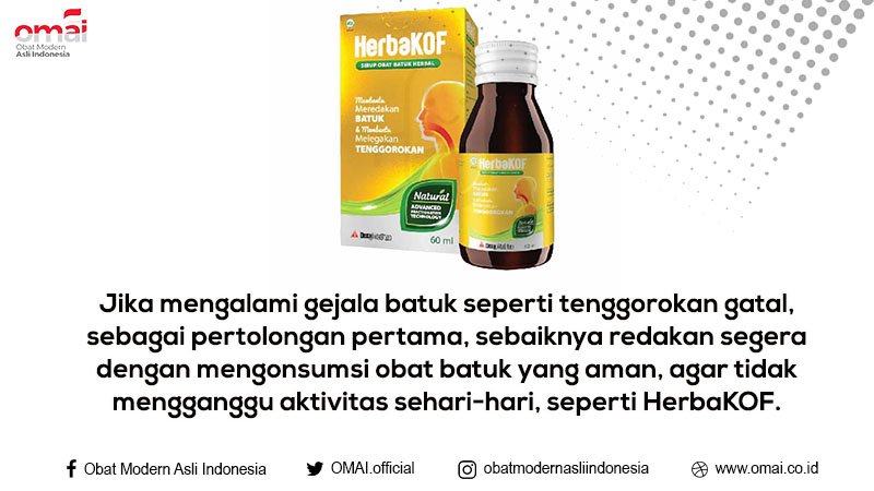 Jika mengalami gejala batuk seperti tenggorokan gatal, sebagai pertolongan pertama, sebaiknya redakan segera dengan mengonsumsi obat batuk yang aman, agar tidak mengganggu aktivitas sehari-hari, seperti HerbaKOF.

#OMAI
#ObatModernAsliIndonesia
#KofKofKofHerbaKOF