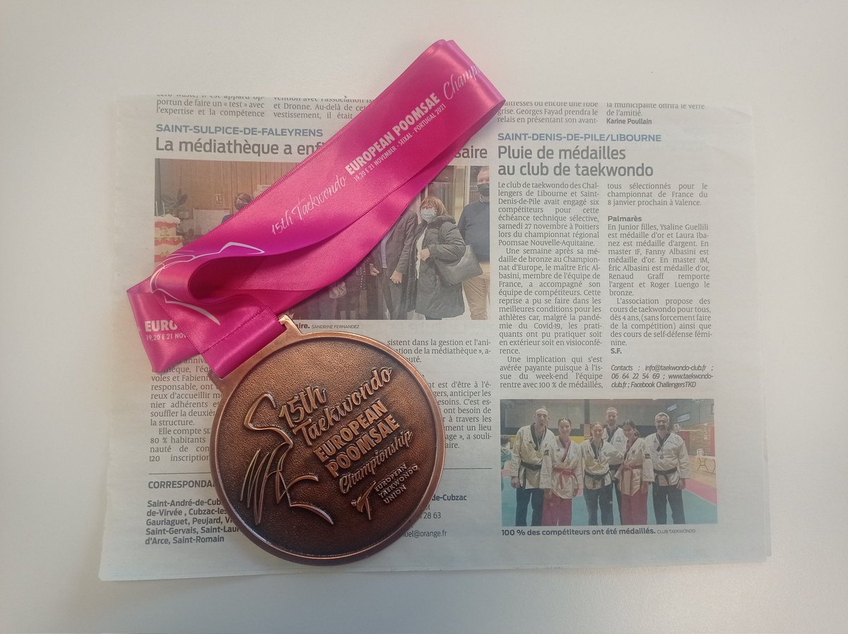 Le club de Taekwondo de Libourne 100% médaillé, à l'occasion des sélections pour le championnat de France 🇨🇵 Notre client, Mr Albasini, à l'honneur dans la vitrine partenaire pour sa médaille d'or 🥇#bravo#travail#determination
