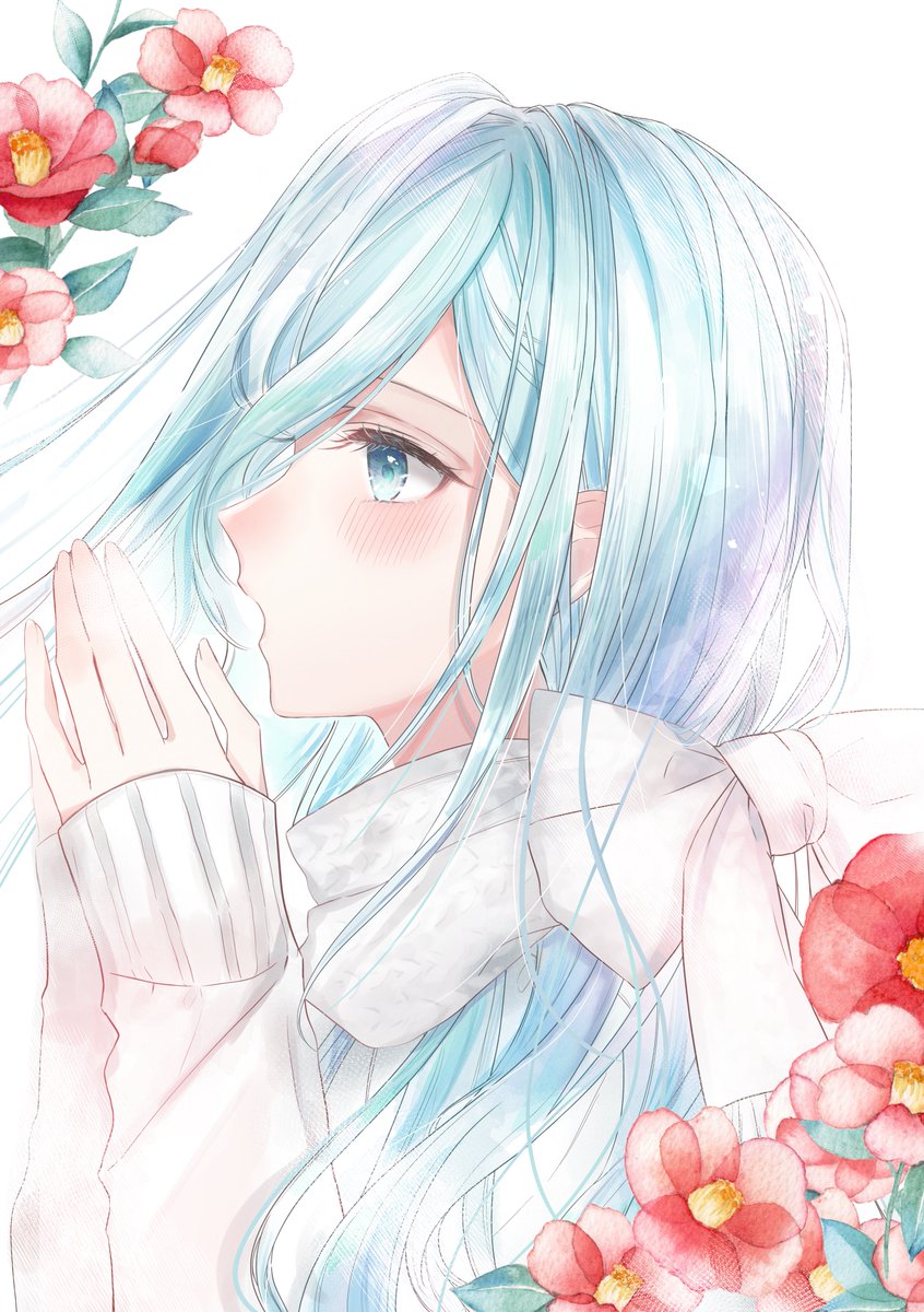 1girl flower solo long hair blush camellia blue hair  illustration images