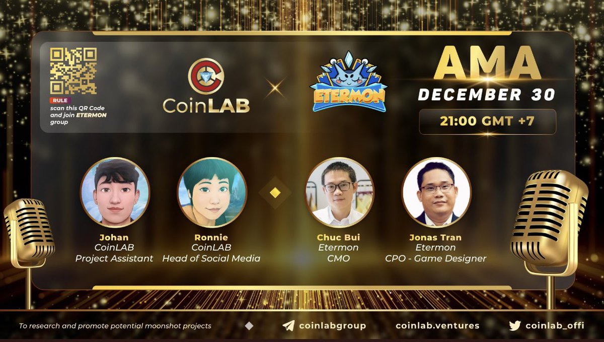 📢 special AMA 
The last AMA of 2021 between <a href="/CoinLAB_Offi/">CoinLAB #Web3 #AI</a> &amp; <a href="/EtermonOfficial/">Etermon</a>🎉🎉
⏰Time: 2pm UTC, Dec 30th
📌Venue: CoinLAB Fanpage. 
💰 Giveaway: 2000 $ETM for 10 winners
Good luck if you are a winner 🎉