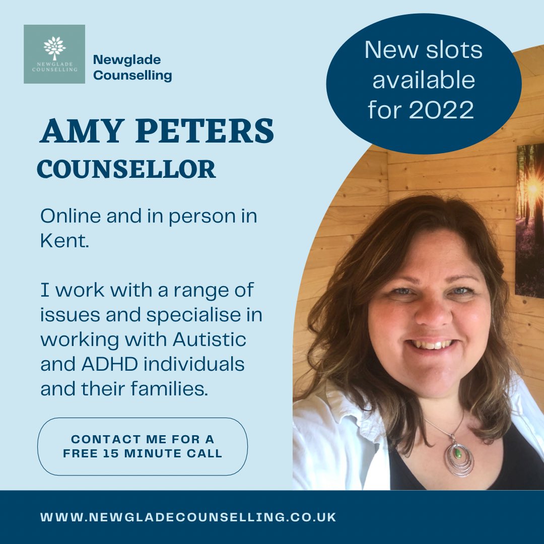New slots available for 2022!
Contact me for a free 15 minute call to see if I’m the right fit for you. 
newgladecounselling.co.uk/contact/ #therapy #TherapistsConnect #ADHD #autistic #dyslexia #Neurodiversity #Neurodivergent #autisticparent #counselling