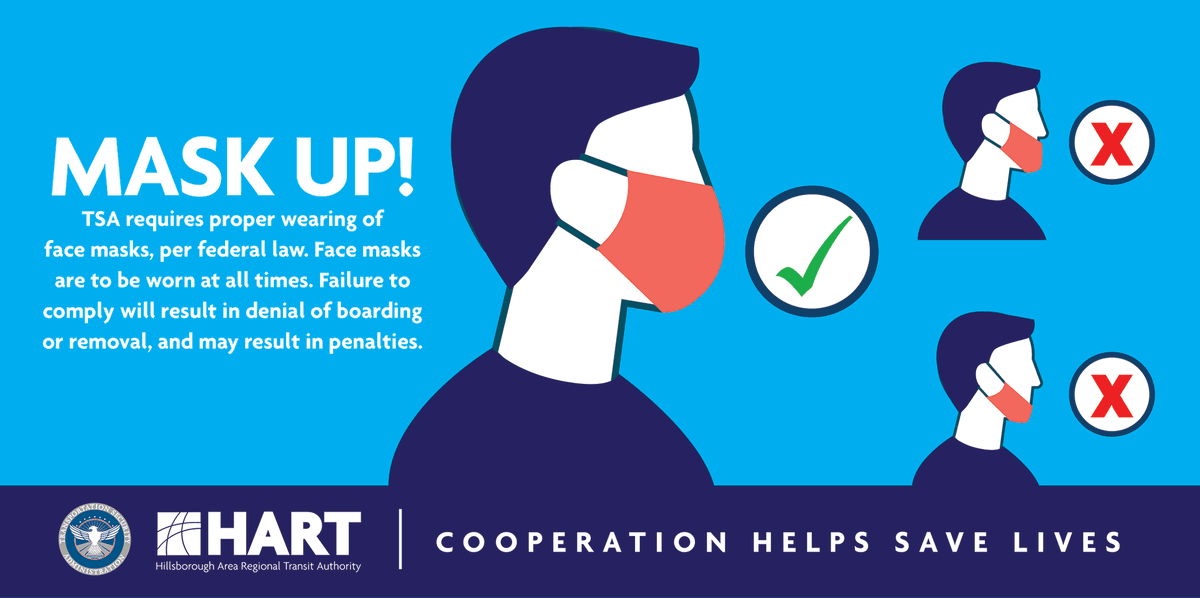 GoHART's tweet photo. CUSTOMER ALERT: The @TSA has extended their mask mandate for all public transportation passengers and employees until at least March 18, 2022.
Left your mask at home? Ask your operator for one upon boarding. #MaskUpFL https://t.co/kQlGK2Sdys