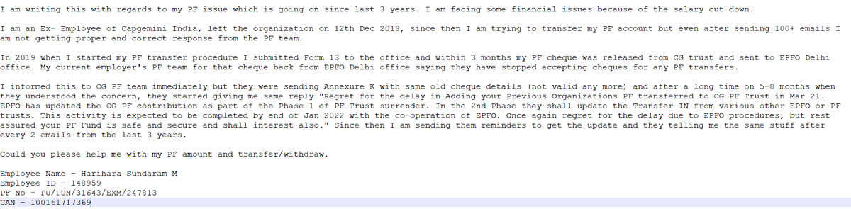 Hari031290's tweet photo. @narendramodi @PMOIndia @rashtrapatibhvn @socialepfo @Capgemini @CapgeminiIndia @allsec 
PF Transfer Issue From Past 3 Years Mental Harassment
Issue with Capgemini PF team &amp; EPFO, all issues started @ CG PF to Govt PF account, they left some ex-employee PF account still in trust. https://t.co/MFjs7lyHUk