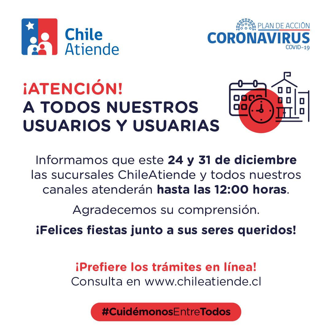 #FelizMiercoles Región de #Antofagasta
 
Este viernes 3️⃣1️⃣ de diciembre, nuestro horario de atención será hasta las 🕛12:00 horas.

💻Encuentra información de trámites y beneficios en nuestro sitio web chileatiende.cl

📲 ¡Comparte este aviso con tu familia!