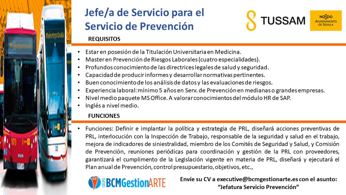 Grupo BCMGestionARTE selecciona para TUSSAM, Empresa Pública de Sevilla un/a Jefe/a para el Servicio de Prevención #TrabajoSiHay #trabajo
linkedin.com/jobs/view/2856…

Interesados deben mandar su CV a executive@bcmgestionarte.es” con el asunto: “Jefatura Servicio Prevención”