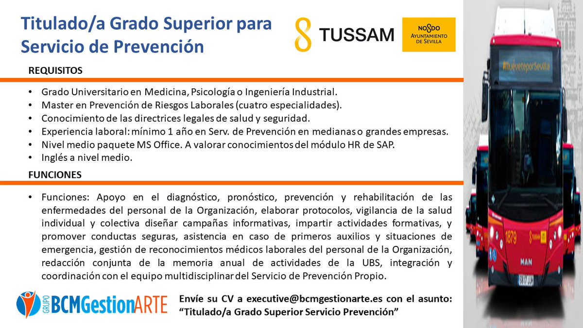 Seleccionamos para TUSSAM, Empresa Pública de Sevilla, un/a Titulado/a de Grado Superior para el Servicio de Prevención. #TrabajoSiHay #trabajo
 linkedin.com/jobs/view/2856…

Interesados mandar CV a executive@bcmgestionarte.es” Asunto: “Titulado/a Grado Superior Servicio Prevención”