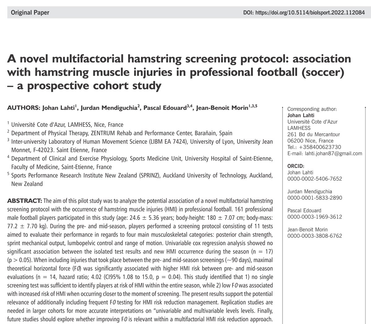 BiolSport's tweet photo. 🆕 A novel multifactorial #hamstring screening protocol: association with hamstring muscle injuries in professional #football (#soccer) – a prospective cohort study ⚽️💪🤕
✍️ by @lahti_johan Jurdan Mendiguchi @PascalEdouard42 @jb_morin
#OpenAccess 🔓🔗https://t.co/a8feqwFzAM https://t.co/KaDgU2Crvo