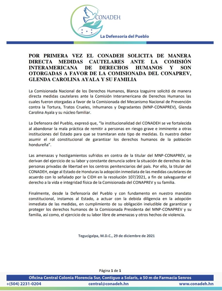 CONADEH's tweet image. La Comisionada Nacional de los Derechos 
Humanos, Blanca Izaguirre solicitó de manera directa #MedidasCautelares ante la @CIDH las cuales fueron otorgadas a favor de la 
Comisionada del @CONAPREV, Glenda Carolina Ayala y su núcleo familiar.