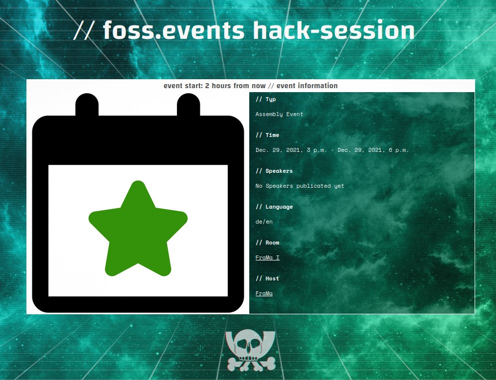 Are you currently looking for a great #foss project to contribute? Helping people and foss #communities to connect online and offline sounds appealing to you? 

Meet us in one hour, at 15:00 in #rC3, for the // foss.events hack session: 

rc3.world/2021/event/fos…