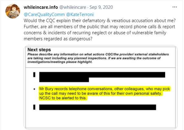 whileincare's tweet photo. When the CQC vexatiously claim you are a danger to staff &amp; simultaneously employ provider staff as inspectors for the provider you're making a complaint about, disregarding apology. You find you have nowhere left to report concerns or incidents.
A reality of the care system. https://t.co/kyJupRJnoY