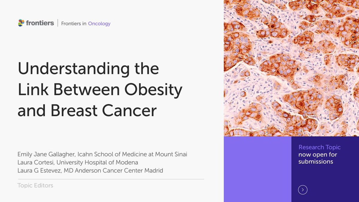 ⏱ Don't miss your chance to submit an article to our Research Topic: Understanding the Link Between #Obesity and #BreastCancer Abstract deadline: 19 Feb 2022 Click here for submission details 👉 fro.ntiers.in/fxL1 @IcahnMountSinai @MDAnderson_ES @Lauragestevez #BCsm