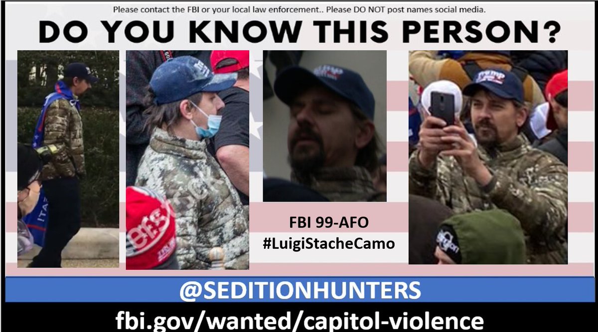 SeditionHunters's tweet photo. Please share across all platforms. Do you Know this man?? Please contact the FBI with 99-AFO https://t.co/CacVxYJIL1 or contact us at admin@seditionhunters.org Please do not post names on social media #LuigiStacheCamo https://t.co/8ieyfSyvz1