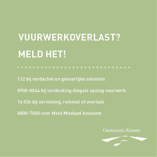 #vuurwerkoverlast ? Meld het! Op basis van signalen, meldingen en politie-informatie, gaan de handhavers de stad in. Zie je iets verdachts of is er gevaar? Bel dan direct 112. Kijk voor de telefoonnummers op: veilig.almere.nl/jaarwisseling
