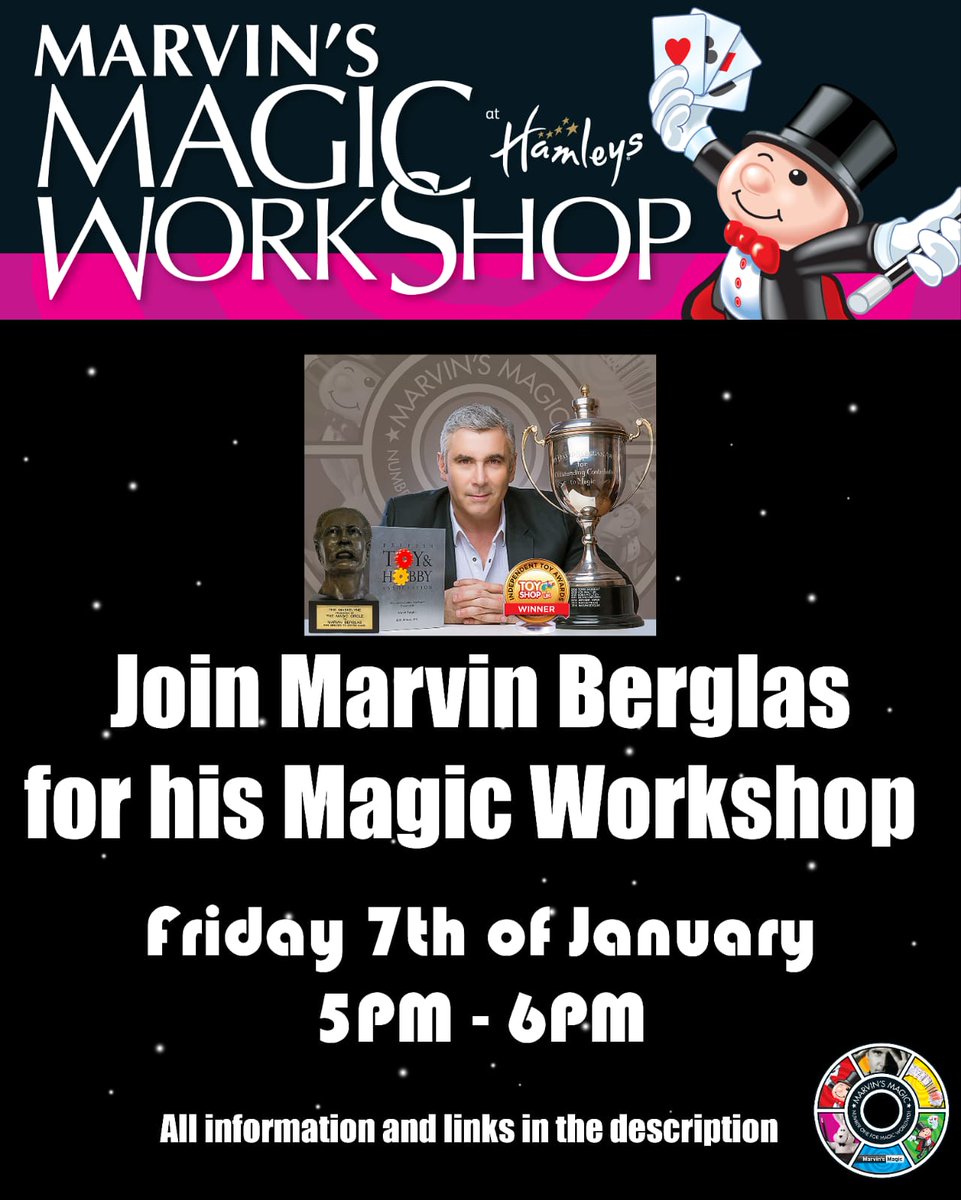 On 7th of January, Join Marvin Berglas for a magical online workshop with Hamleys! 🎩🎩

All tickets can be purchased at hamleys.com/marvin-magic-w…