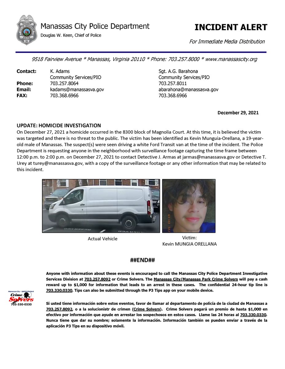 ManassasCityPD's tweet photo. UPDATE: On December 27, 2021 a homicide occurred in the 8300 block of Magnolia Court. Please see Press Release attached for additional details and our request for more information. https://t.co/IqMnudEqln
