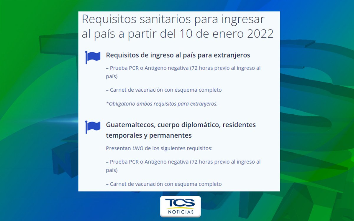 tcsnoticias's tweet photo. #LoÚltimo | A partir del 10 de enero de 2022, todos los extranjeros que deseen ingresar a territorio guatemalteco deberán presentar prueba negativa de #COVID19 y carnet de vacunación con esquema completo, según el Instituto Guatemalteco de Migración https://t.co/04w0hzL3YP