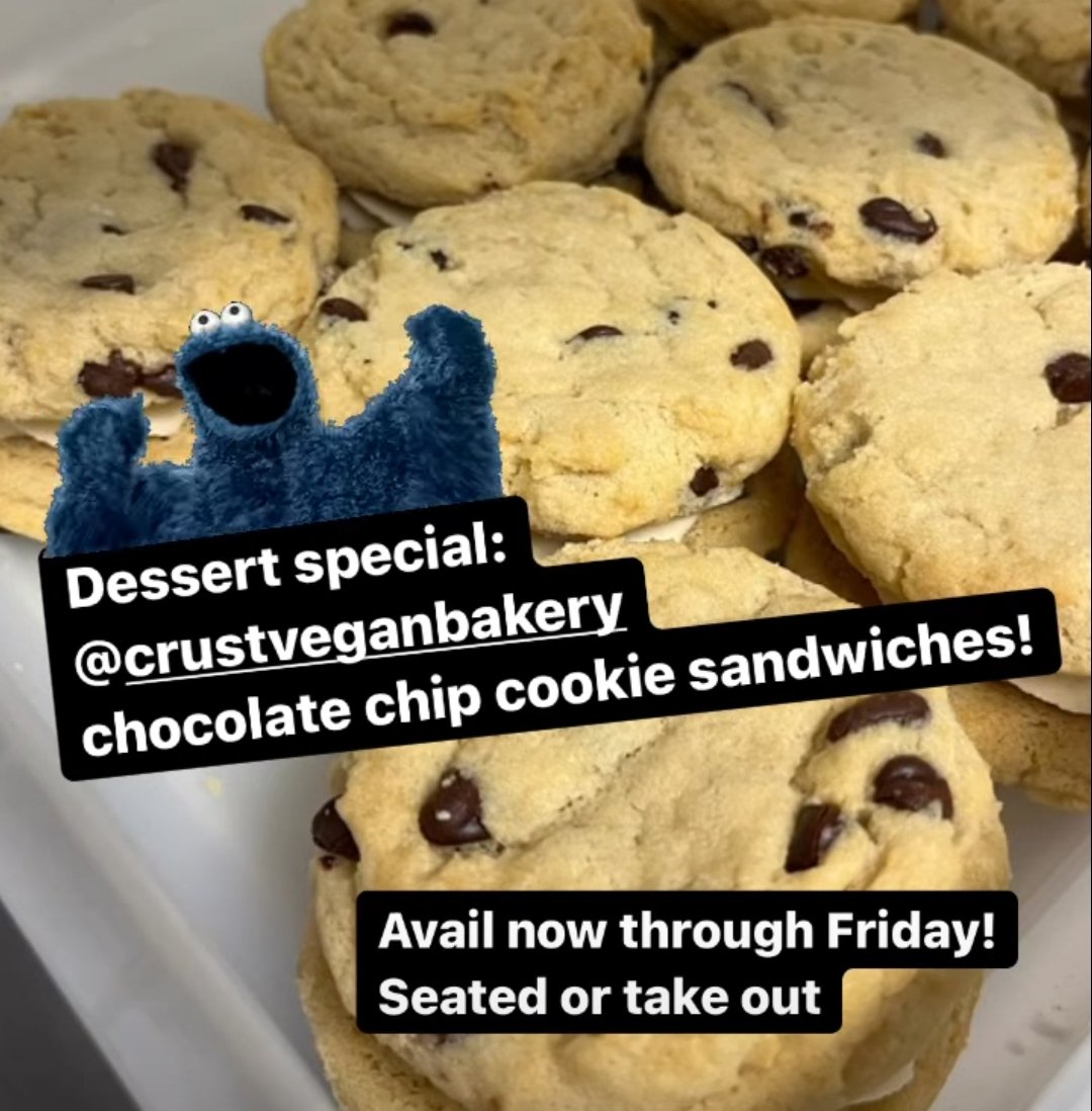 queenrookcafe's tweet photo. Dessert special! @crust_bakery chocolate chip cookie sandwiches! Available thru NYE seated or takeout #vegancookie #vegan #crustbakery #philltvegan #veganphilly https://t.co/ZEcWB5NXsn