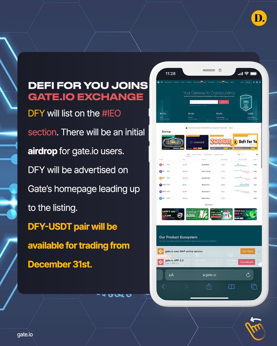DeFiForYou's tweet photo. 🔸 DFY will list on the #IEO section. 
🔸 There will be an initial airdrop.
🔸 #DFY will be advertised on @gate_io homepage leading up to the listing. https://t.co/VhREASyEEx