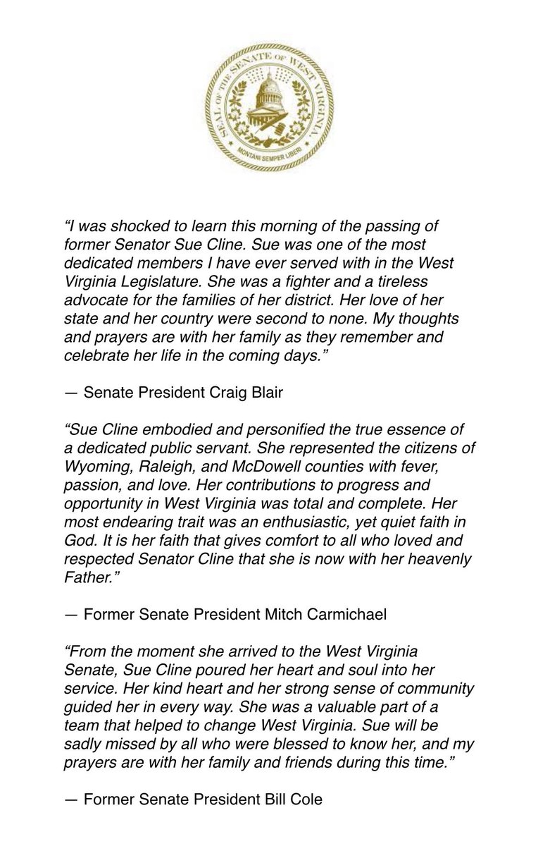 We’re saddened to learn of the loss today of former WV State Senator Sue Cline. Thoughts and prayers for her family during this time.