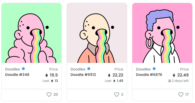 NfTcent's tweet photo. The run on @doodles Rainbow Puke mascot trait has been crazy! Floor is now 19.5 and is only 6 sales from a 30 ETH floor. HIDE YOUR RBP Doodles! Feels like the Rainbow Puke is like the Trippy or Gold fur for @BoredApeYC - super desirable and will be a flex very soon! https://t.co/xGeTWcwOeW