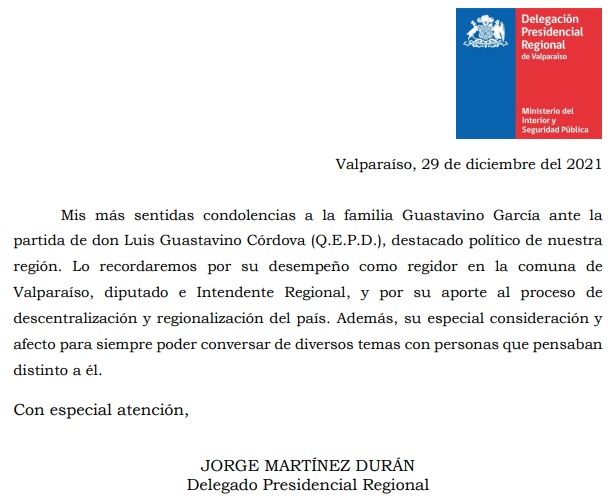 Delegado Presidencial Jorge Martínez Durán, envía condolencias a familia Guastavino García ante la pérdida del destacado político y ex Intendente Luis Guastavino Córdova.