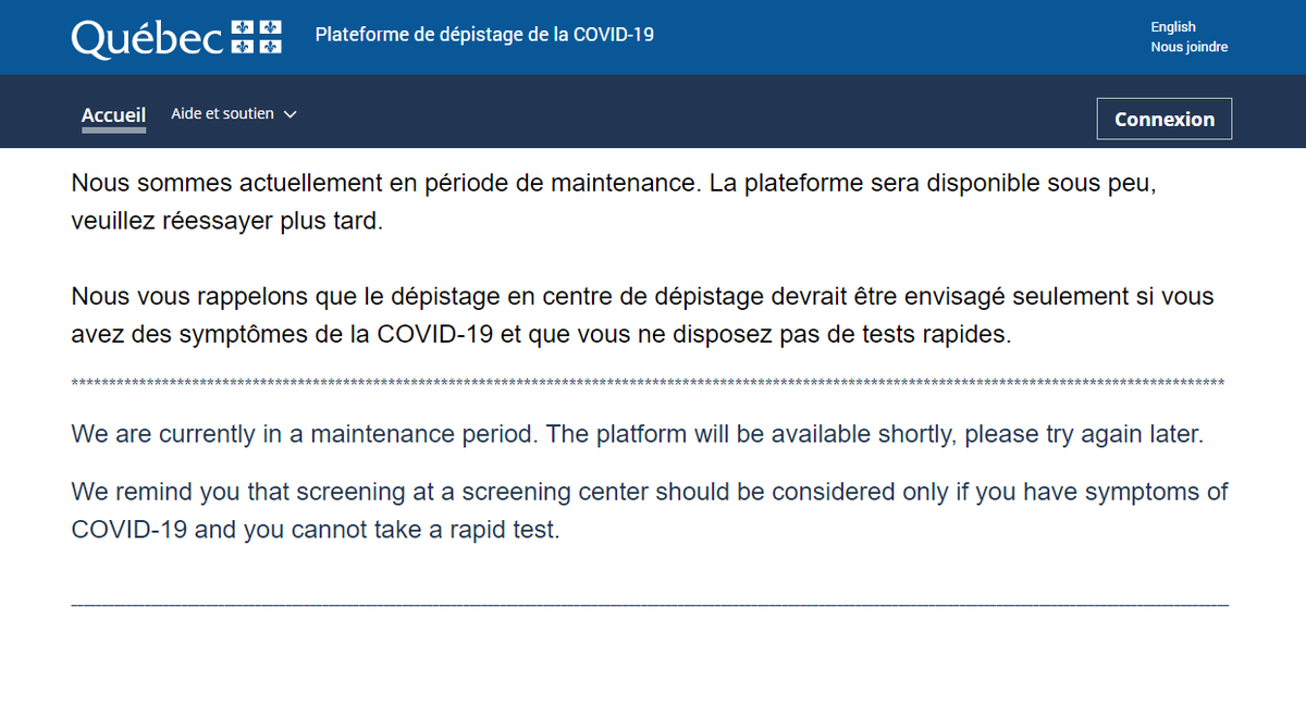 ⚠️La plateforme de dépistage de la COVID-19 est actuellement en période de maintenance.  Nous vous rappelons que le dépistage en centre de dépistage devrait être envisagé seulement si vous avez des symptômes de la COVID-19 et que vous ne disposez pas de tests rapides.