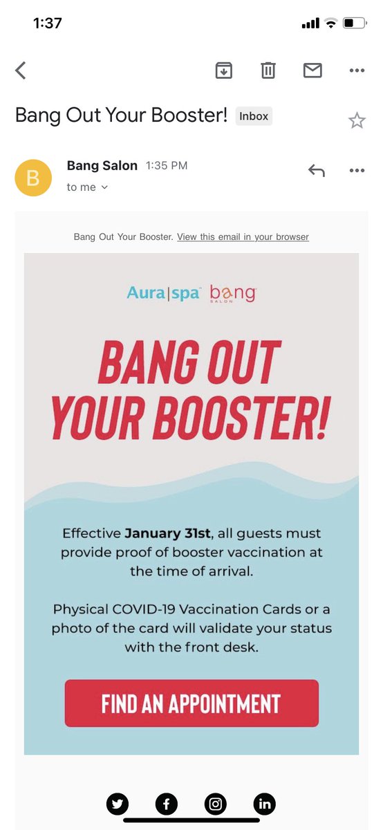 KaterCon's tweet photo. Bang salon just sent an email saying they will require *booster* vaccination cards starting January 31st. @BarredinDC @PoPville have you seen any other places implementing this? #ImBoosted https://t.co/fPfZkMKAe5