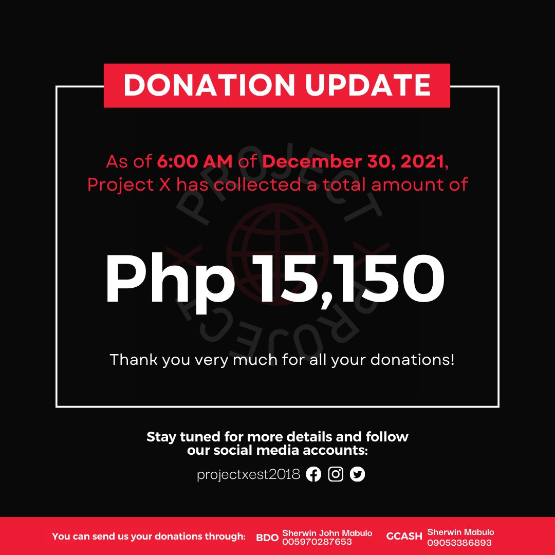 projectxest2018's tweet photo. FUNDRAISING UPDATE:

As of 6:00 AM of December 30, Project ❌ has collected a total amount of Php 15,150 cash donations for the victims of Typhoon Odette in Cebu.

We are very happy for all the support you have given our organization and our projects. https://t.co/4XLW374Hvv