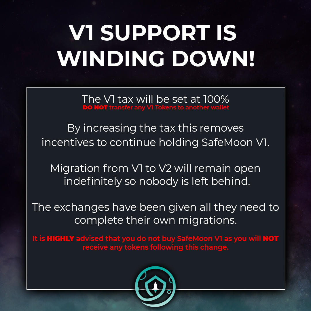 Today is the day #SAFEMOONARMY!

⏰ At 4pm GMT / 11am EST / 8am PST, the V1 tax will be changing to 100%. We are moving our full focus to V2 to evolve the #SAFEMOON ecosystem.

Bring on 2022 🚀🌑

#SAFEMOONV2 #SAFEMOONWALLET