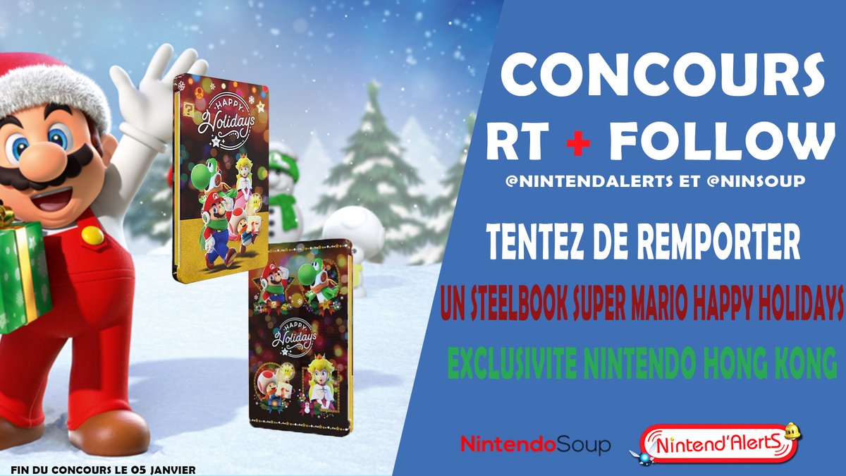 AlertEtGo's tweet photo. #Concours 🎁 : Un Steelbook Mario Happy Holidays (𝐞𝐱𝐜𝐥𝐮𝐬𝐢𝐯𝐢𝐭𝐞́ 𝐍𝐢𝐧𝐭𝐞𝐧𝐝𝐨 𝐇𝐨𝐧𝐠 𝐊𝐨𝐧𝐠) à gagner ! 
Follow @nintendalerts + @ninsoup, RT ce tweet.
Fin 05/01 !
Retrouvez le Steelbook ici ► https://t.co/CkdC9oEaCk
Plus d'infos ici ► https://t.co/HQzJjGjOjA https://t.co/7eLGNPyd4f