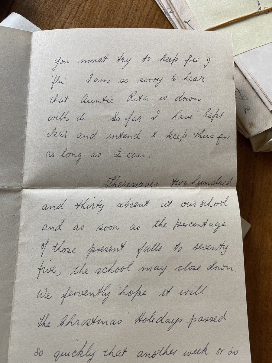 Letter from my Mums cousin in Scotland during the 1937 
#flu #epidemic it says, there are over 230 absent at our school and as soon as the %  falls to 70, the school may close down
